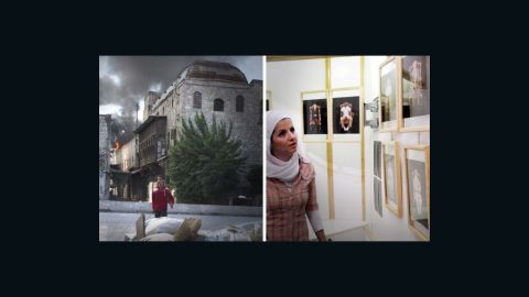 Two images taken in the same week in the center of Aleppo. On the left is a burning building in the old city on September 22; on the right is the opening of Aleppo Photo Festival at Le Pont Gallery on September 15.