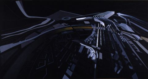 This painting shows how the building plan took shape. "The site was a car factory converted into a military barracks and the big decision was [whether] to keep the barracks or demolish them," Hadid says. "I decided consciously to demolish them because I thought a new institution for contemporary art should not be housed in an existing building."