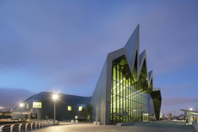 Hadid also designed the <a href="index.php?page=&url=http%3A%2F%2Fwww.glasgowlife.org.uk%2Fmuseums%2Four-museums%2Friverside-museum%2FPages%2Fdefault.aspx" target="_blank">Glasgow Riverside Museum of Transport</a>, which flows low and long between the city and the waterfront, facing the Clyde river with a wave-shaped outline.