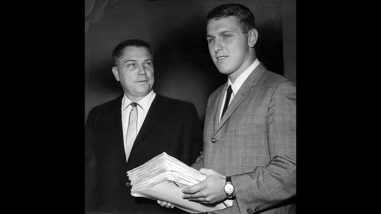Hoffa and his son, James Phillip, enter a federal courtroom in July 1964. His son is the current president of the Teamsters.