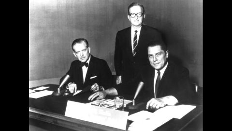 From left, "Meet the Press" moderator Ned Brooks, Lawrence K. Spivak and Hoffa appear at an NBC studio. 
