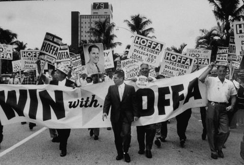 Hoffa leads supporters at a Teamsters convention in 1959.  