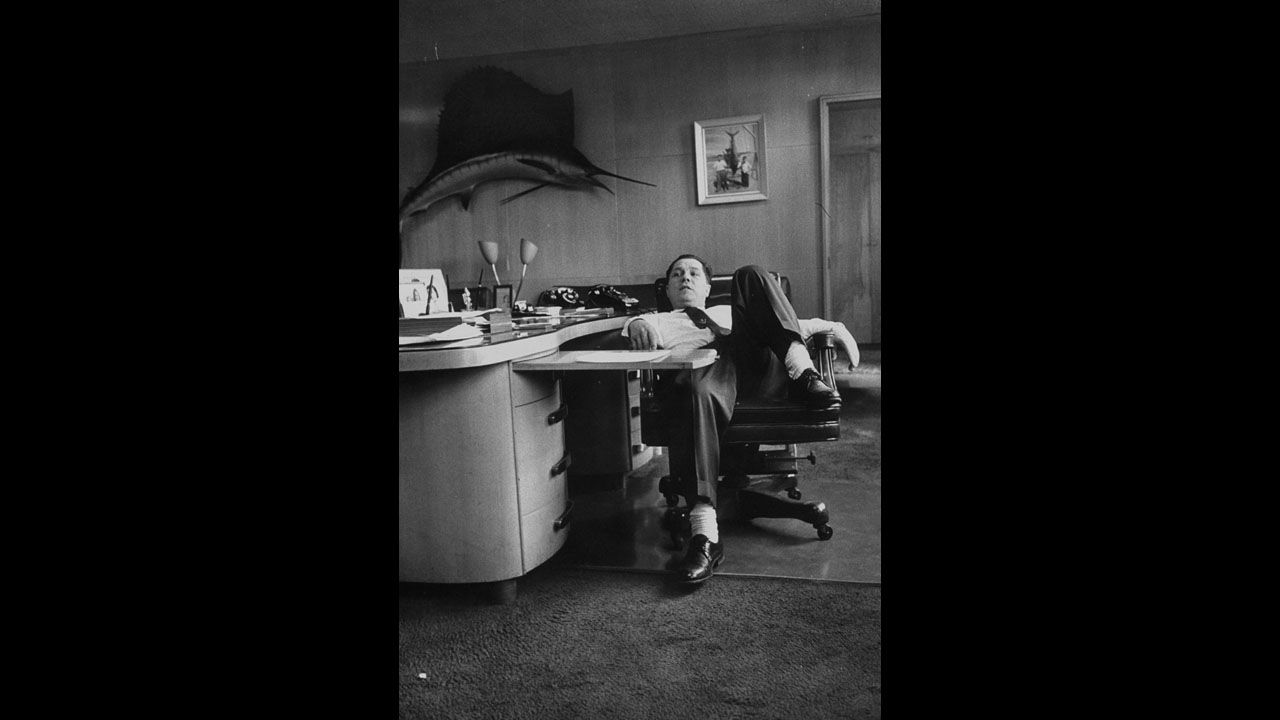 Hoffa slumps in a chair at the Teamsters union office. He was one of the most powerful union leaders in America until being forced out of the organized labor movement. He went to prison in 1967 for jury tampering and fraud before being pardoned four years later.
