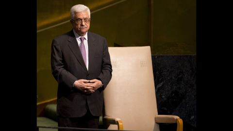 Mahmoud Abbas, chairman of the Executive Committee of the Palestinian Liberation Organization and president of the Palestinian Authority, stands by a chair on Thursday after delivering his address.
