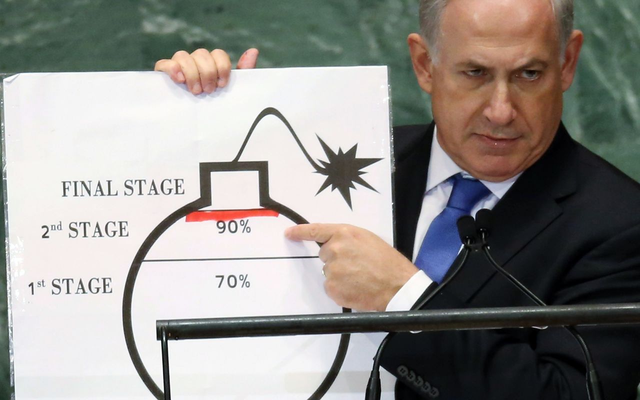 Benjamin Netanyahu, prime minister of Israel, points to a graphic of a bomb and asks U.N. leaders to draw a "red line" on Iran's nuclear bomb plans on Thursday.