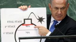Benjamin Netanyahu, Prime Minister of Israel, points to a red line he drew on a graphic of a bomb while addressing the United Nations General Assembly on September 27, 2012 in New York City. The 67th annual event gathers more than 100 heads of state and government for high level meetings on nuclear safety, regional conflicts, health and nutrition and environment issues. (Photo by Mario Tama/Getty Images)