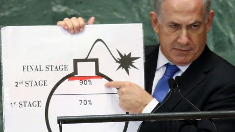 Benjamin Netanyahu, Prime Minister of Israel, points to a red line he drew  while addressing the U.N. General Assembly Thursday.