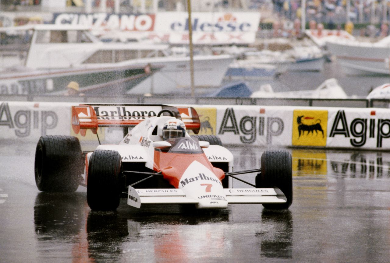 Prost competing in wet conditions at the Monaco Grand Prix which he won four times during his glittering career.
