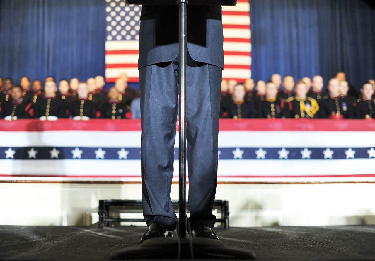 Romney addresses Friday's rally at the Valley Forge Military Academy and College.