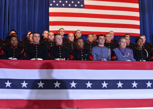 Cadets listen to Romney speak at a campaign rally Friday at the Valley Forge Military Academy and College in Wayne, Pennsylvania.