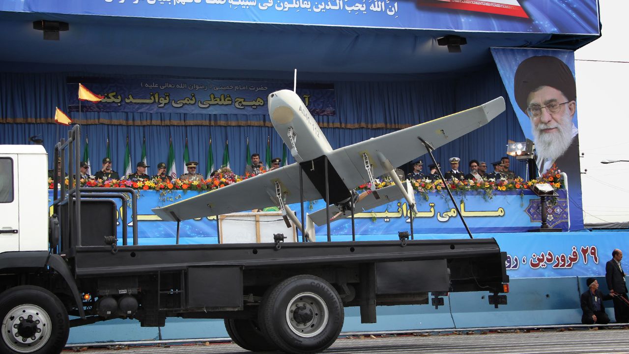 An Iranian-made drone is displayed during the Army Day celebrations in Tehran on April 18, 2010. 
