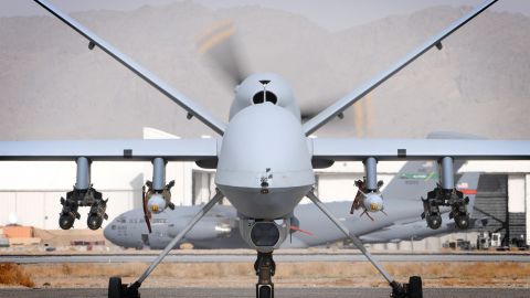 A British MQ-9 Reaper sits on a runway March 17. Both British and American Reapers are deployed to Afghanistan.