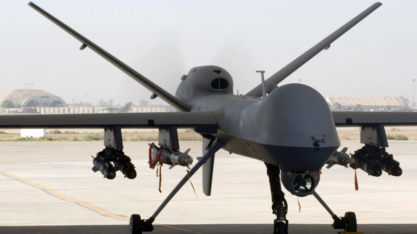 An MQ-9 Reaper unmanned aircraft vehicle (UAV) sits in a shelter at Joint Base Balad, Iraq, after a mission on November 10, 2008. The Reaper can carry up to 3,750 pounds of laser-guided bombs and missiles.