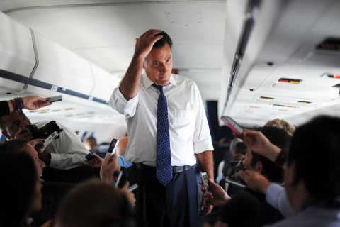 Romney talks to journalists aboard his campaign plane about his phone call with Netanyahu on Friday.