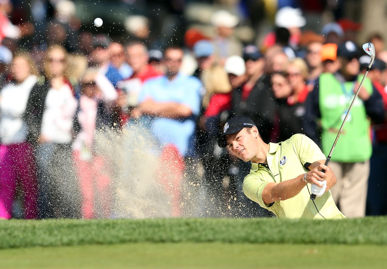 Martin Kaymer plays a bunker shot on the third hole during the afternoon four-ball matches on Friday.