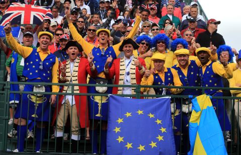 European fans get into the spirit during the afternoon four-ball matches on Friday.