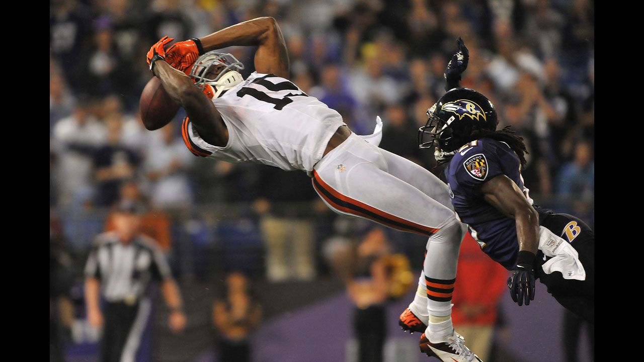 Cleveland Browns wide receiver Greg Little fails to make this catch in the end zone during the Browns' game against the Baltimore Ravens on Thursday, September 27. The Ravens defeated the Browns 23-16. It was the first game back for the regular referees after a three-week lockout. 