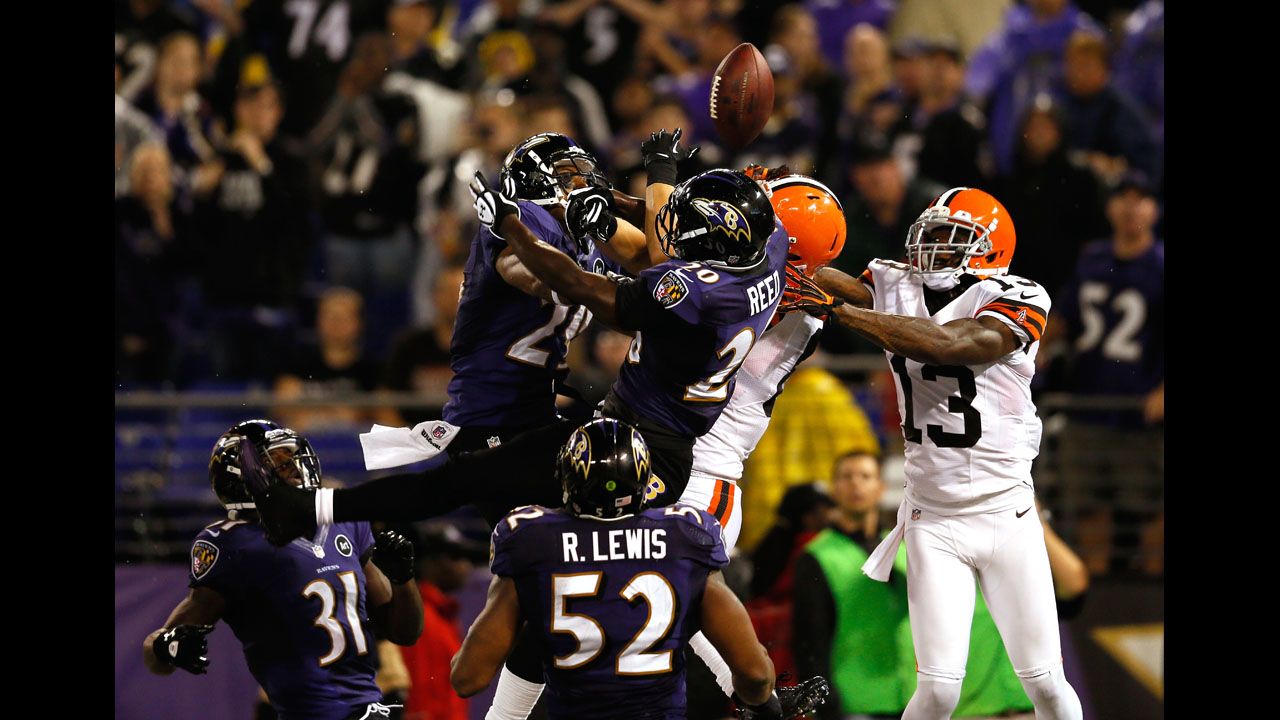 Free safety Ed Reed, No. 20 of the Baltimore Ravens, breaks up a pass in the end zone intended for Cleveland tight end Jordan Cameron late in the fourth quarter.