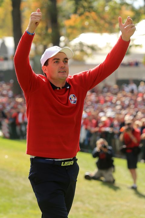 Keegan Bradley rallies U.S. fans on the first tee at the start of the day Sunday.