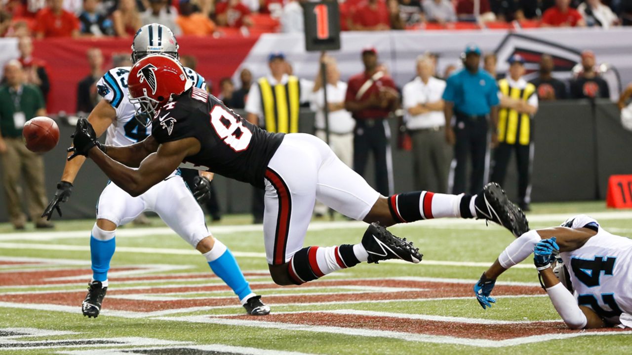 Roddy White of the Atlanta Falcons fails to pull in a touchdown reception against the Carolina Panthers on Sunday.