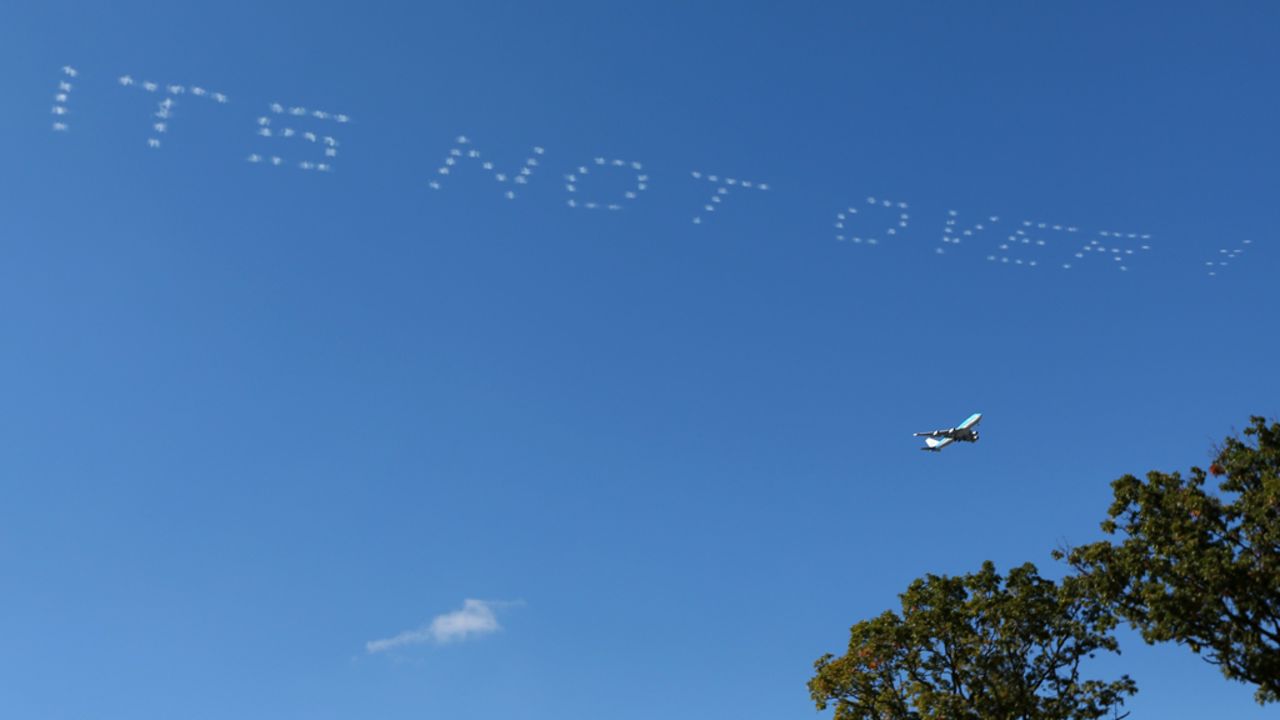 A message of support for Team Europe is written in the sky during the Sunday's single matches. The United States started the day with a seemingly insurmountable 10-6 lead.