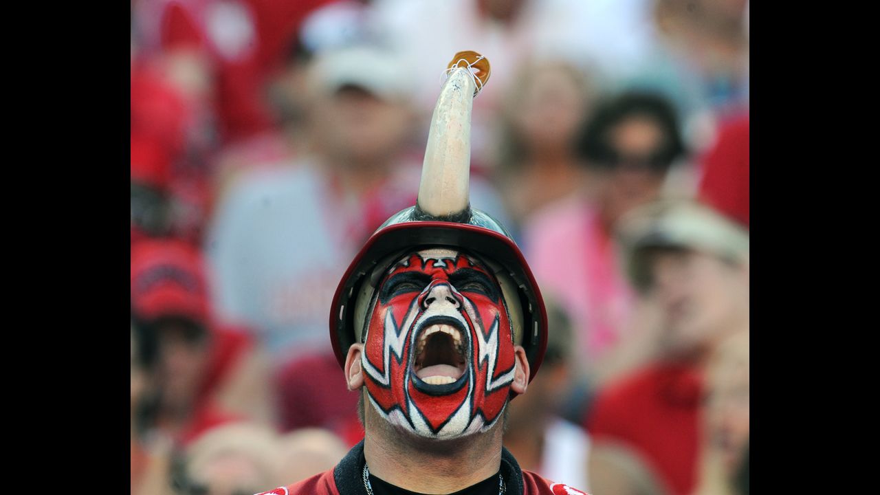 A Tampa Bay Buccaneers fan yells after a touchdown Sunday against the Washington Redskins at Raymond James Stadium in Tampa.