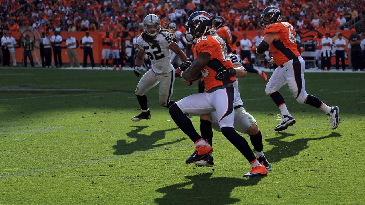 Demaryius Thomas of the Denver Broncos runs the ball Sunday against the Oakland Raiders.