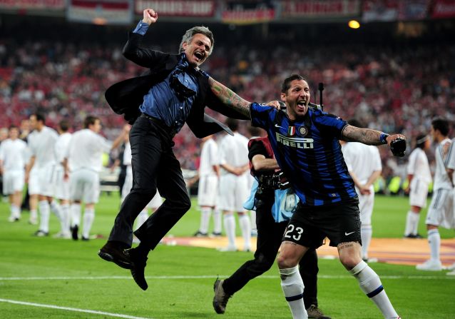Mourinho jumps for joy after leading Inter Milan to victory in the 2010 Champions League final against Bayern Munich. It was the second time he had won the competiton after leading Porto to the title back in 2004.