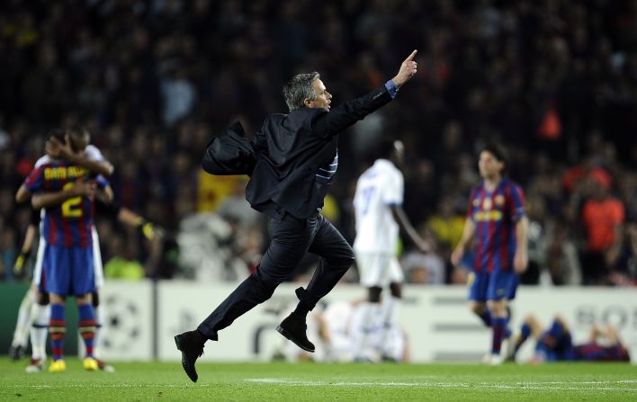 Mourinho sprinted on to the field at the Camp Nou following his Inter side's aggregate victory over Barcelona in the 2010 Champions League semifinal. The Portuguese coach had started his career at the Catalan club as translator to the late Sir Bobby Robson.
