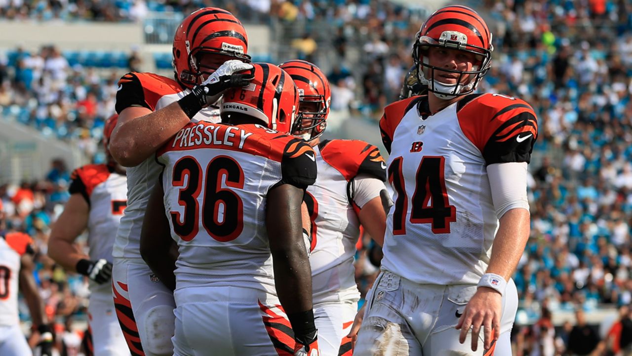 Chris Pressley of the Cincinnati Bengals is congratulated by his teammates after a touchdown Sunday against the Jacksonville Jaguars.