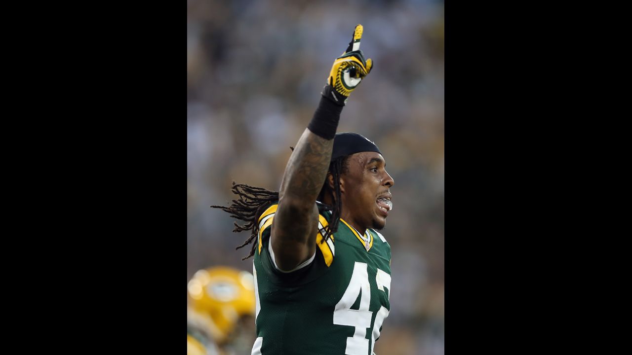 Morgan Burnett of the Green Bay Packers celebrates a missed field goal by the the New Orleans Saints in the fourth quarter Sunday.