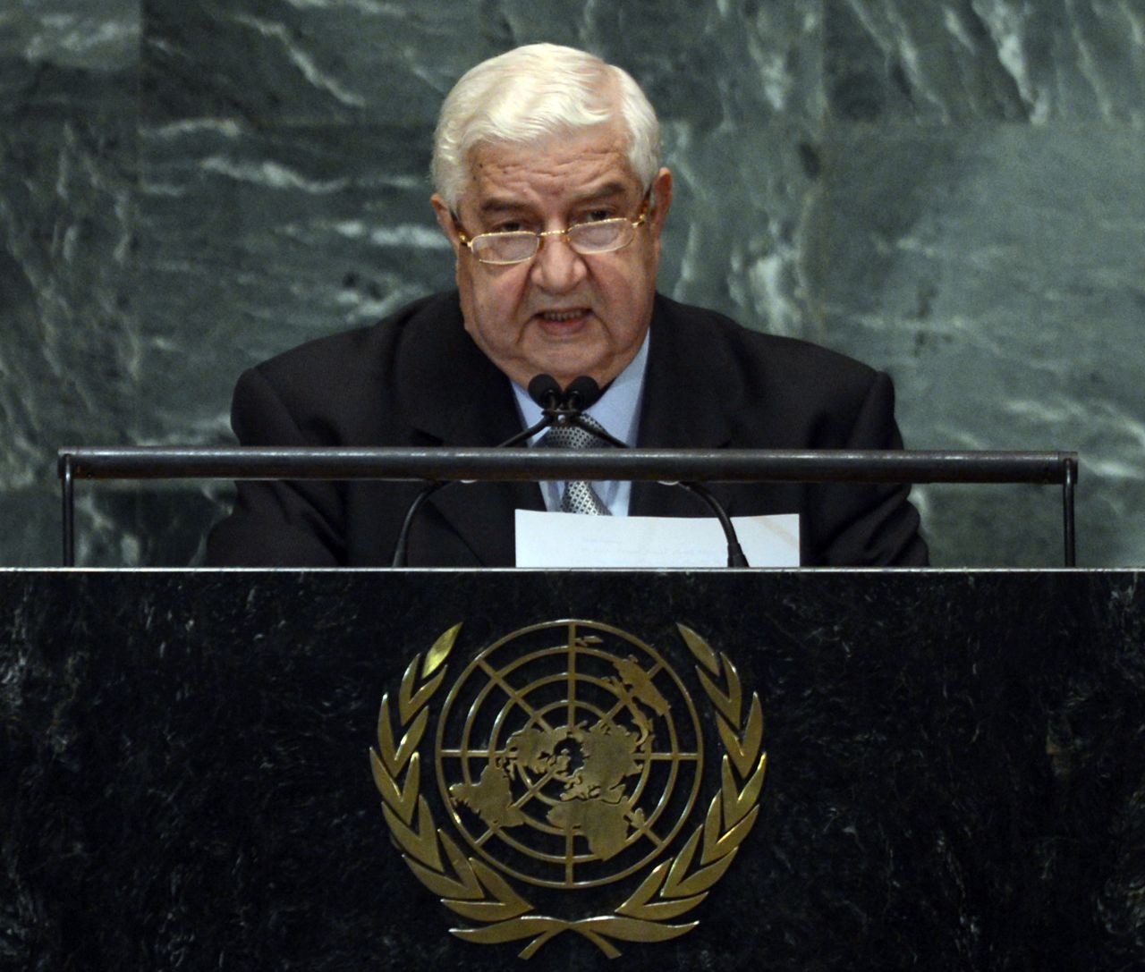 Syrian Foreign Minister Walid Moallem speaks during the 67th session of the United Nations General Assembly at the U.N. headquarters in New York on Monday, October 1. The event unites more than 100 heads of state and government for high-level meetings on nuclear safety, regional conflicts, health and nutrition and environment issues.