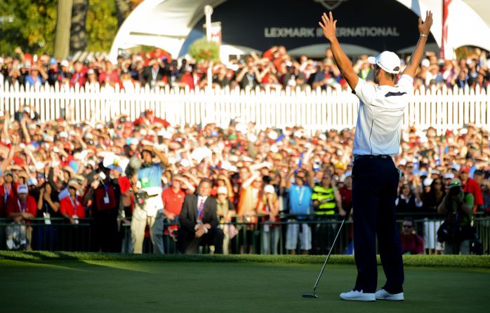 German Martin Kaymer milks the moment as his putt on the 18th green ensures Europe will retain the Ryder Cup. His defeat of Steve Stricker capped an improbable comeback, as the Europeans triumphed 14?-13? despite trailing 10-4 at one stage on Saturday.