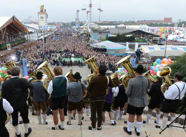 Musicians perform in front of the Bavaria statue during the Oktoberfest concert in Munich on Sunday, September 30.