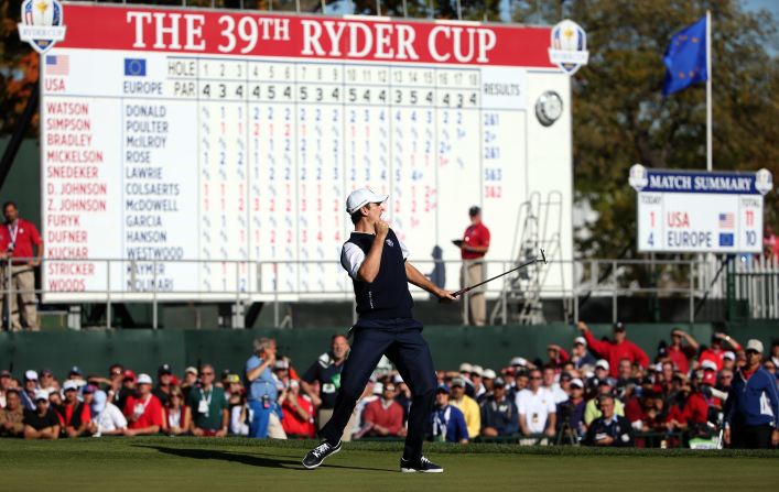 Justin Rose punches the air as he caps an unlikely comeback of his own, defeating Phil Mickelson on the 18th green after being one down with two to play. The American described his loss as one of the turning points of the 2012 Ryder Cup. 