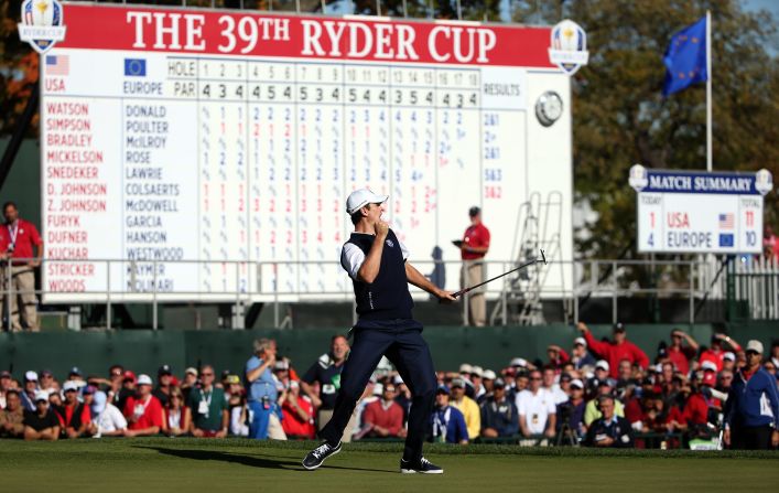 Justin Rose punches the air as he caps an unlikely comeback of his own, defeating Phil Mickelson on the 18th green after being one down with two to play. The American described his loss as one of the turning points of the 2012 Ryder Cup.