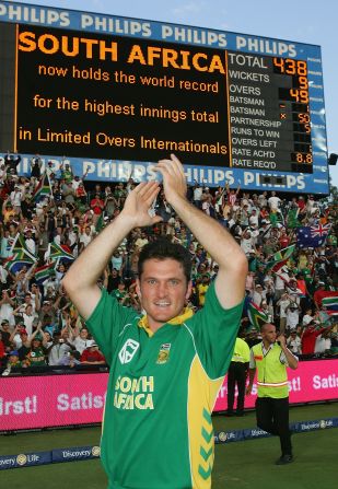 It is the one-day cricket international that may never be equalled. Set a world record score of 435 to win in their allotted 50 overs, Graeme Smith's South Africa beat Australia in Johannesburg after racking up 438 runs, with just one wicket and one ball to spare.
