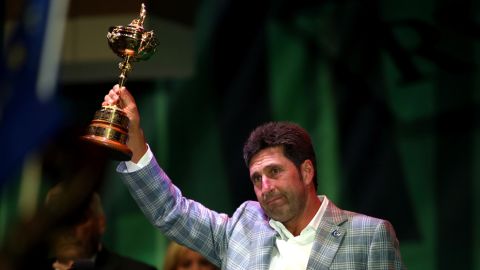 European team captain Jose Maria Olazabal holds the Ryder Cup at the closing ceremonies on Sunday.