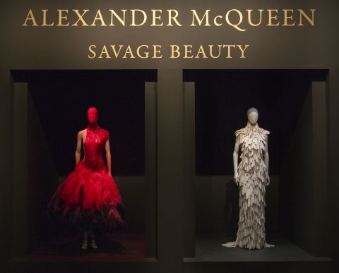 Pictured is the title wall from the Costume Institute's wildly popular 2011 exhibition, "Alexander McQueen: Savage Beauty," which celebrated the late British designer and couturier and featured about 100 ensembles and 70 accessories from his 19-year career. 