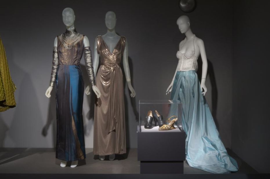 The "Fashion, A-Z: Highlights from the Collection of the Museum at FIT, Part Two" exhibition through November 12 includes these evening gowns (from left) from Jean Paul Gaultier, Diane von Fürstenberg and Gianfranco Ferré and footwear from Salvatore Ferragamo.