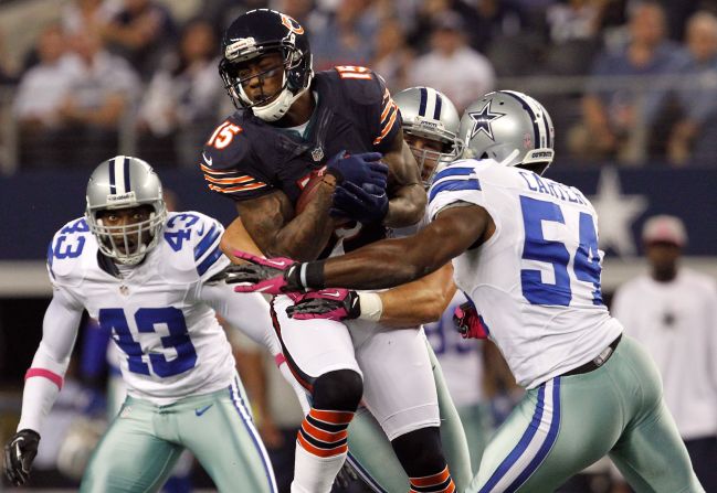 Brandon Marshall of the Chicago Bears makes a reception for a first down against the Dallas Cowboys on Monday, October 1, in Arlington, Texas. The Bears beat the Cowboys 34-18. <a href="index.php?page=&url=http%3A%2F%2Fwww.cnn.com%2F2012%2F09%2F20%2Ffootball%2Fgallery%2Fnfl-week-3%2Findex.html" target="_blank">Look back at the best of NFL Week Three.</a>