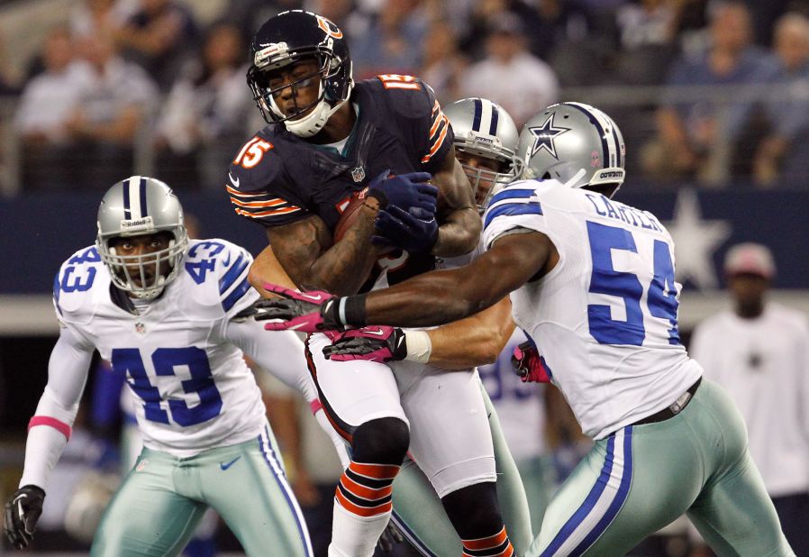 Brandon Marshall of the Chicago Bears makes a reception for a first down against the Dallas Cowboys on Monday, October 1, in Arlington, Texas. The Bears beat the Cowboys 34-18. <a href="http://www.cnn.com/2012/09/20/football/gallery/nfl-week-3/index.html" target="_blank">Look back at the best of NFL Week Three.</a>