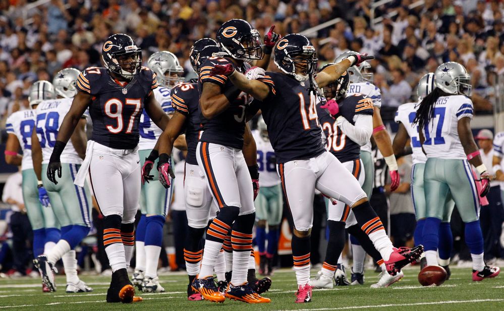 No. 14 Eric Weems of the Bears celebrates on Monday. The Bears beat the Cowboys 34-18.