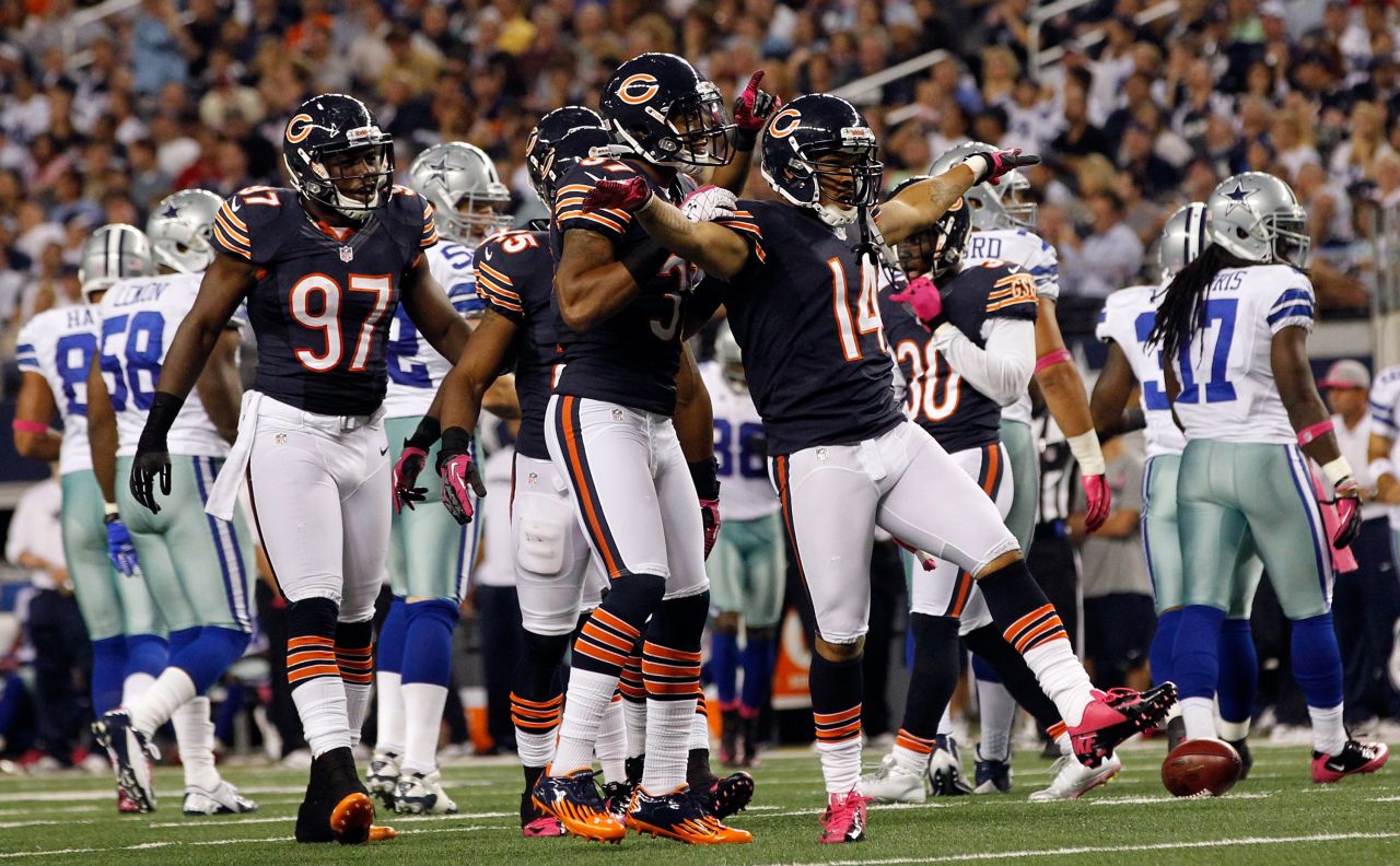 No. 14 Eric Weems of the Bears celebrates on Monday. The Bears beat the Cowboys 34-18.