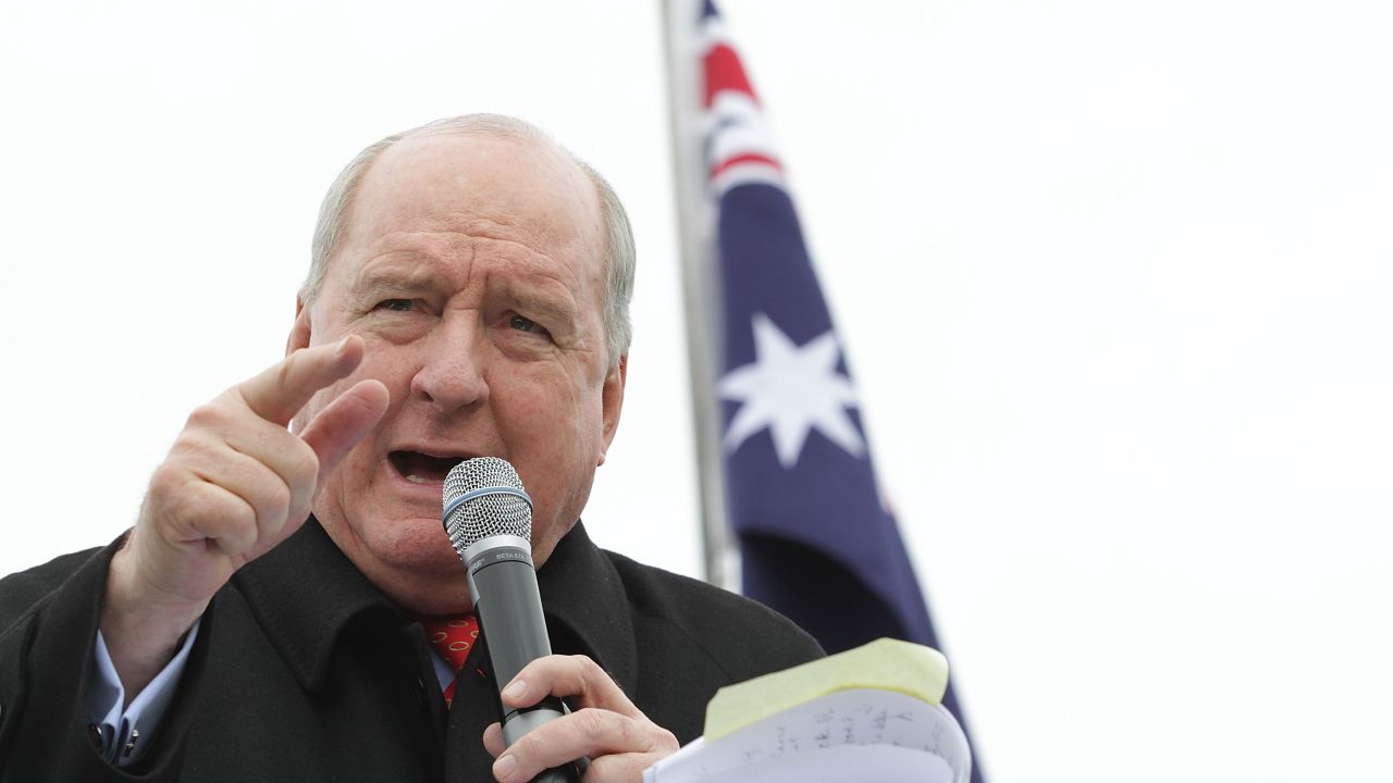 Radio personality Alan Jones speaks to the 'Convoy Of No Confidence' against the Gillard government on August 22, 2011.