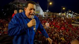 Venezuelan President Hugo Chavez delivers a speech during a campaign rally in Monagas, in northeastern Venezuela, on September 28, 2012. Chavez is seeking a third six-year term, and polls place him ahead of rival Henrique Capriles in the October 7 vote. AFP PHOTO/JUAN BARRETO (Photo credit should read JUAN BARRETO/AFP/GettyImages) 