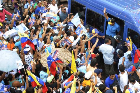 Capriles arrives for a campaign rally in Puerto Ayacucho on Monday.