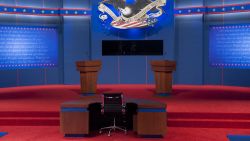 The stage is set prior to the first presidential debate at Magness Arena at the University of Denver in Denver, Colorado, October 3.