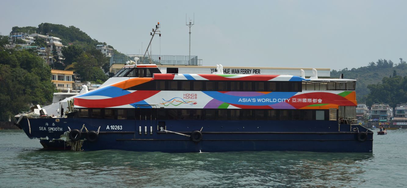 The Sea Smooth ferry, with its bow badly damaged, sits docked at the Lamma Island pier on Tuesday, October 2.