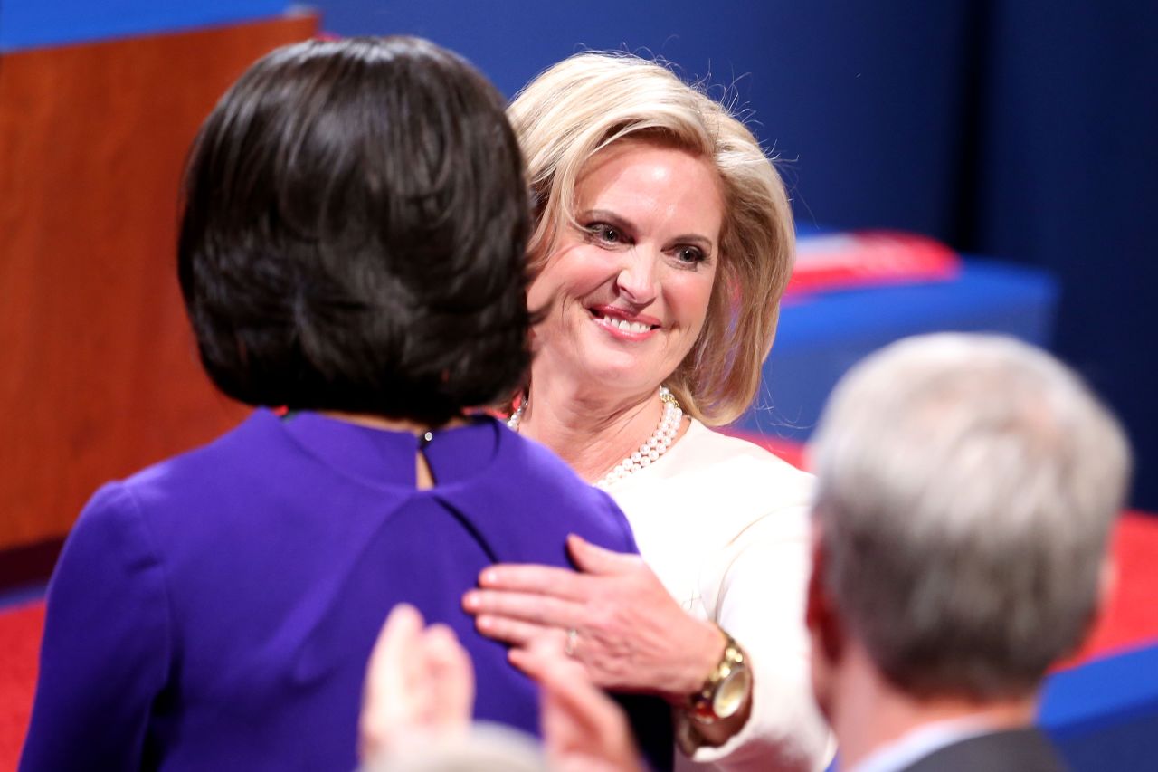 Ann Romney and first lady Michelle Obama hug on Wednesday.